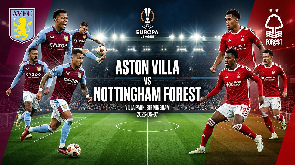 Soccer players from Aston Villa and Nottingham Forest on a field. Europa League logo, team logos, date, and venue text visible: Villa Park.