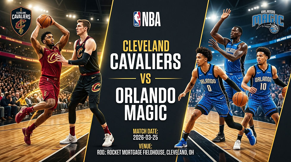 Cleveland Cavaliers vs. Orlando Magic in a basketball game poster. Players in action, vibrant colors. Date: 2026-03-25, Cleveland, OH.