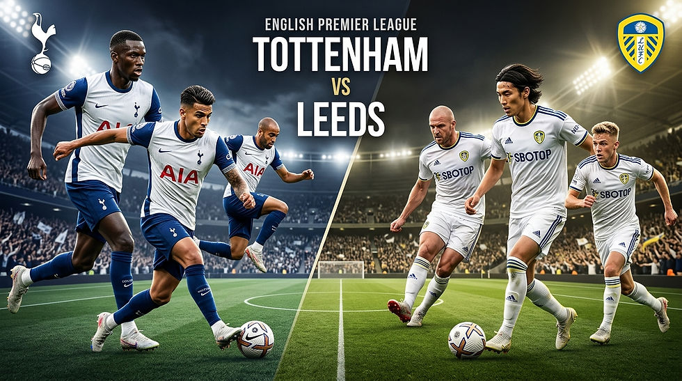 Football players from Tottenham and Leeds compete during a match in a stadium. Tottenham's blue and Leeds' white kits stand out.