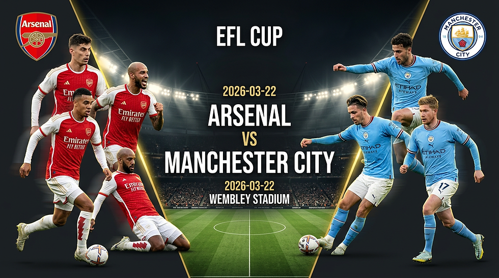 EFL Cup poster: Arsenal vs Manchester City on 2026-03-22 at Wembley Stadium. Players in red and blue kits with stadium in background.