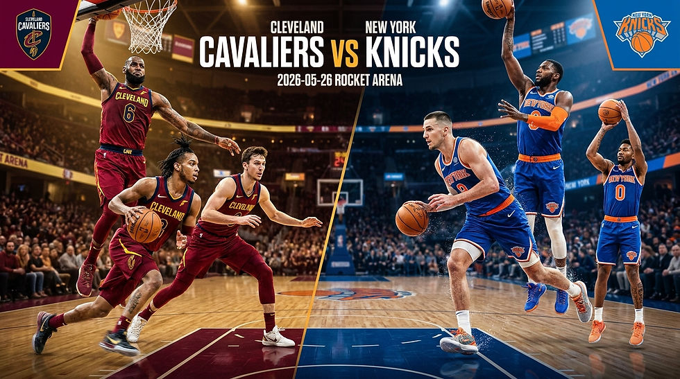 Promotional poster for Cleveland Cavaliers vs New York Knicks, with players in action on split court at Rocket Arena, 2026-05-26.