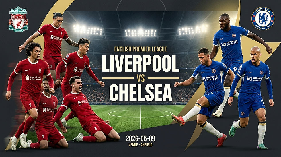 Liverpool and Chelsea players in action on a soccer field. Bright stadium lights. Text: "Liverpool vs Chelsea, 2026-05-09, Anfield."
