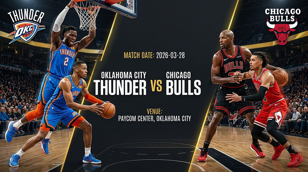 Basketball players from Oklahoma City Thunder and Chicago Bulls in action. Match date: 2026-03-28. Venue: Paycom Center, OKC.