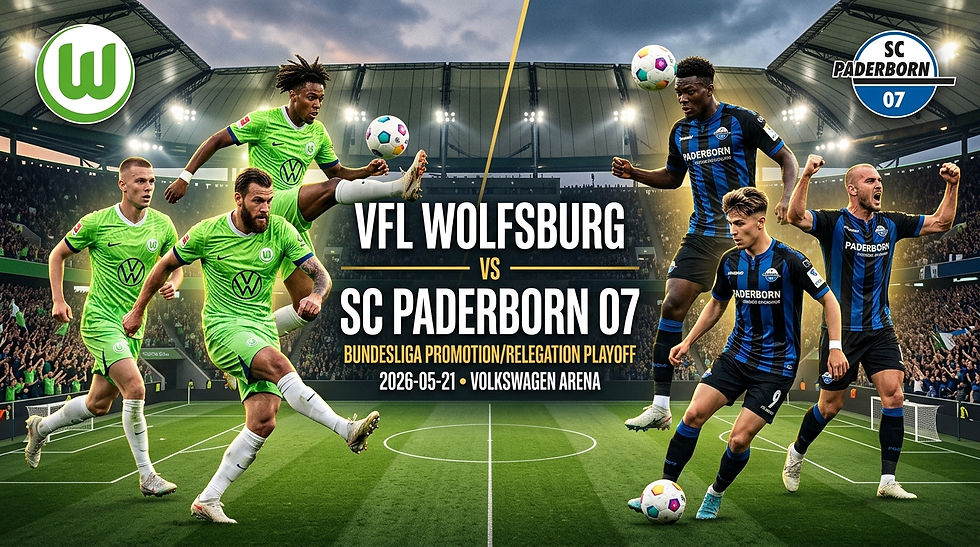 Soccer players from VfL Wolfsburg and SC Paderborn in action on a packed stadium field. Text: "VfL Wolfsburg vs SC Paderborn 07."