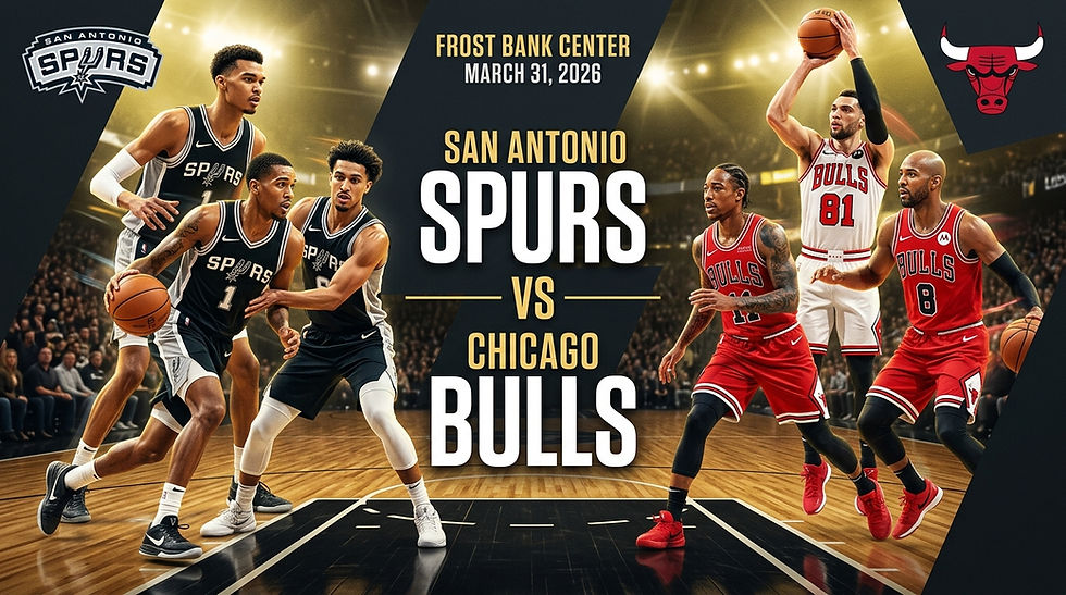 San Antonio Spurs vs Chicago Bulls game at Frost Bank Center, March 31, 2026. Players in action, dynamic poses, spotlight effect.