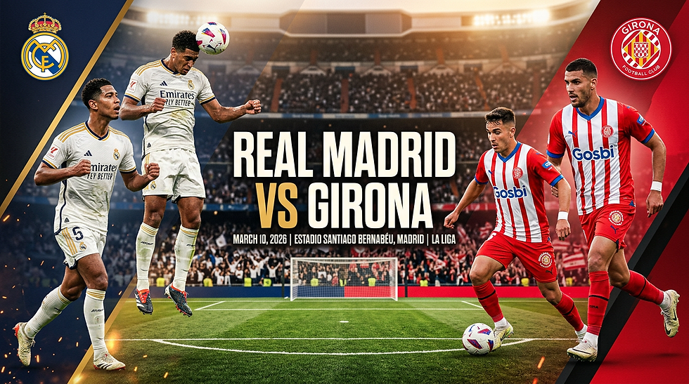 Real Madrid vs Girona, March 10, 2026. Players in action on the field. Vibrant stadium background. Team logos and match details shown.