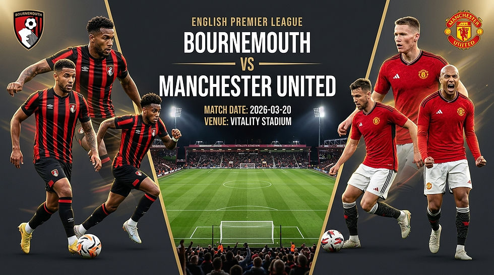 Bournemouth vs Manchester United at Vitality Stadium. Players in team kits with logos, green field background. Match date: 2026-03-20.