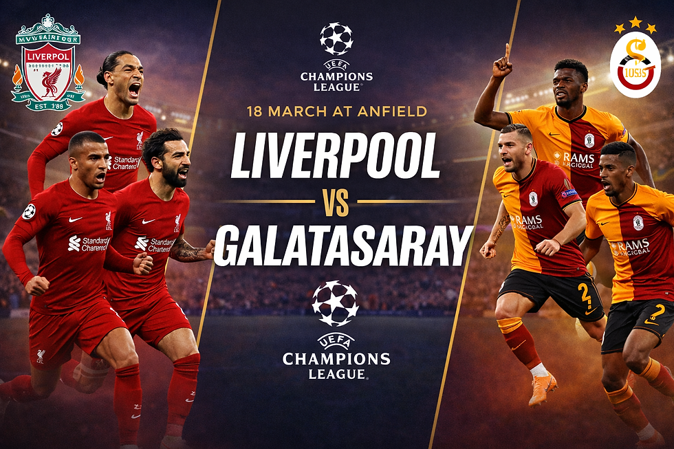 Liverpool vs Galatasaray at Anfield on 18 March, stadium background. Players in red and orange kits, promoting UEFA Champions League match.