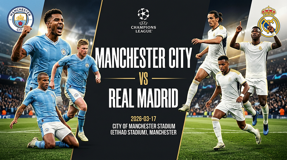 Soccer match poster showing Manchester City vs Real Madrid players at Aviva Stadium, Dublin. Action-packed scene with vibrant colors.