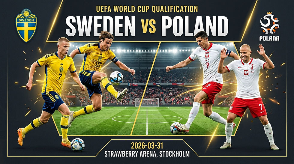 Sweden vs Poland football match poster for UEFA World Cup Qualification. Swedish players in yellow, Polish in white. Stadium background.