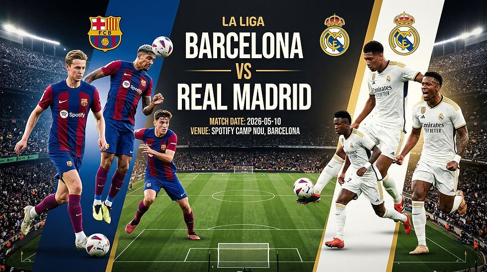 Barcelona vs Real Madrid at Camp Nou; players in action. Match details: 2026-05-10. Stadium packed and vibrant, logos visible.