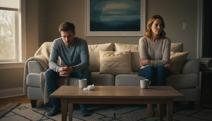 Eye-level view of two people sitting quietly on a couch after a disagreement