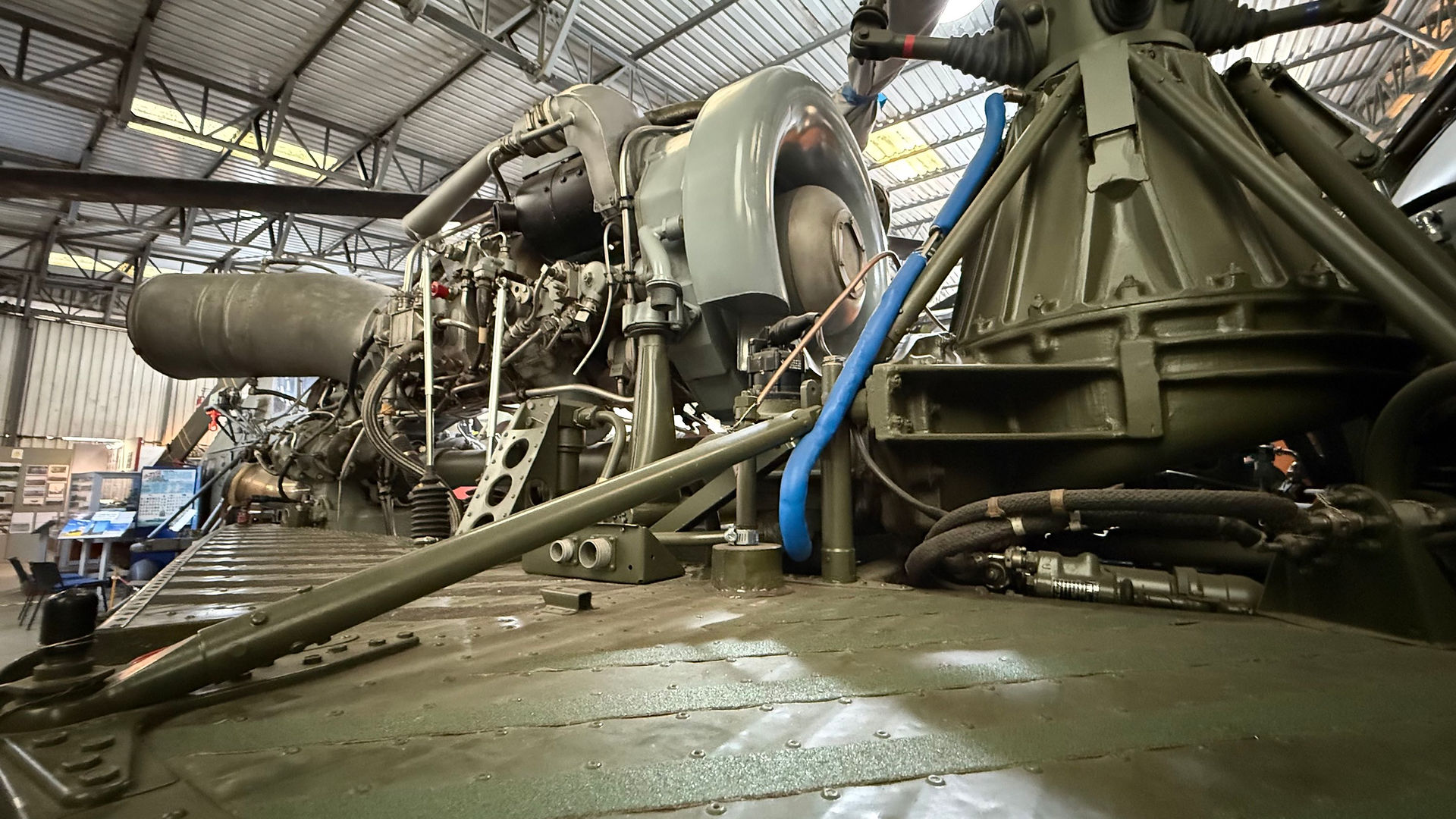 A restored jet engine fitted to a helicopter