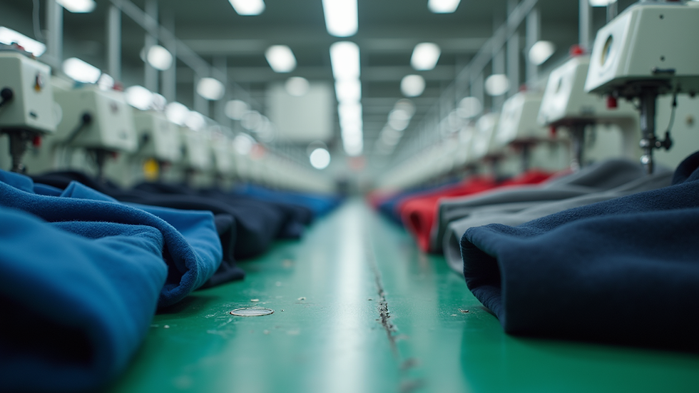 Eye-level view of a factory floor with rows of hoodies being sewn