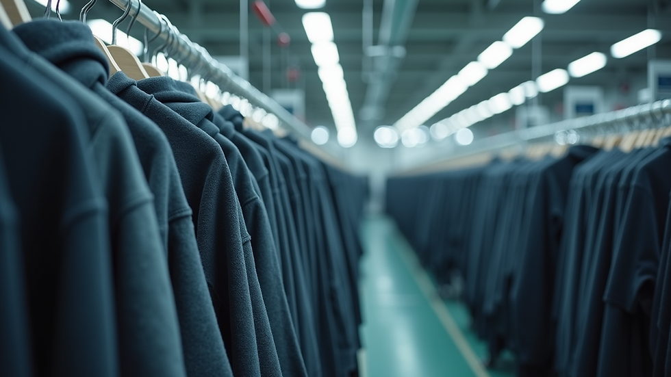 Eye-level view of a clothing factory with rows of hoodies on production lines