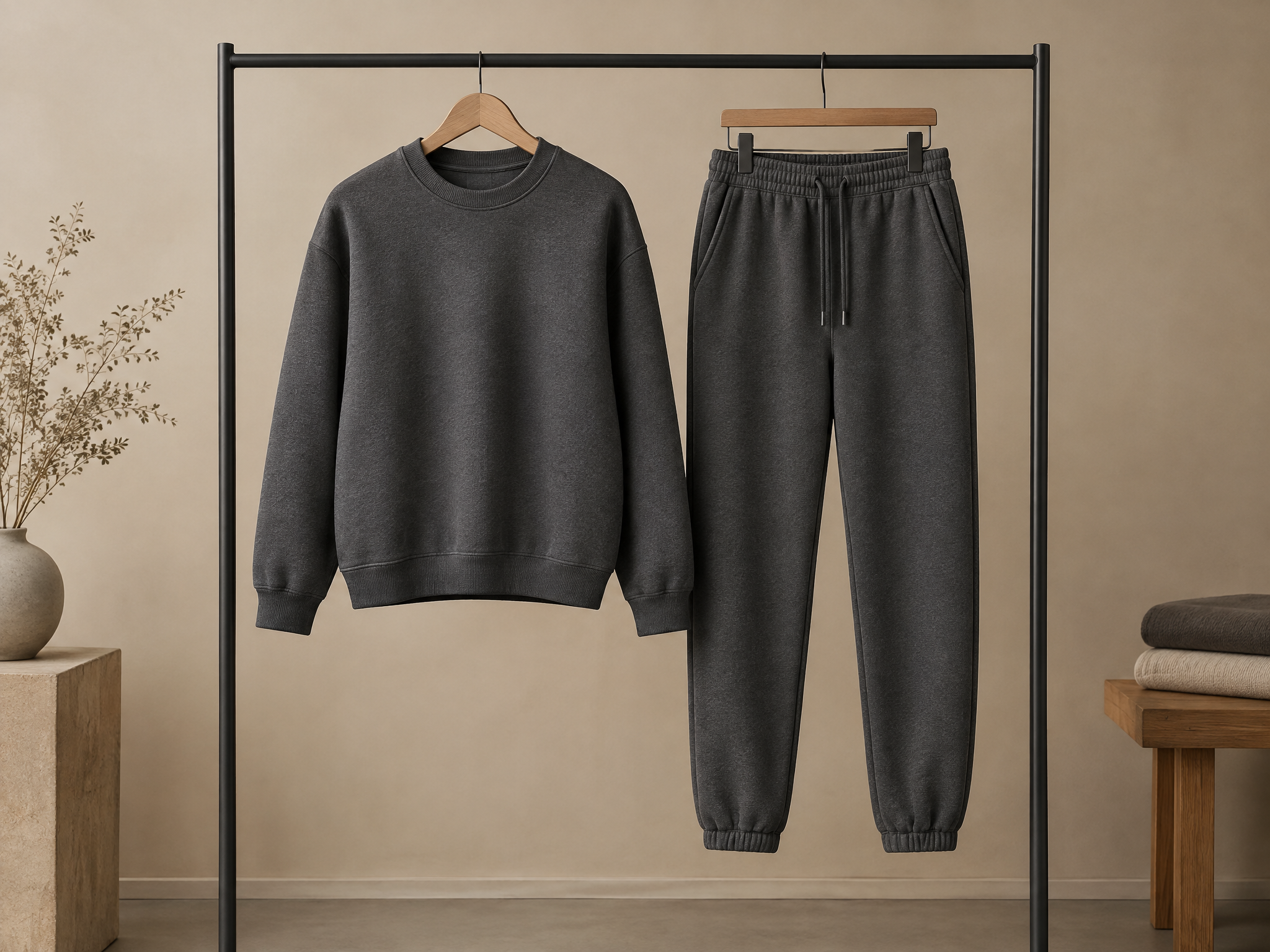 A finished coordinated sweatshirt and sweatpants set.