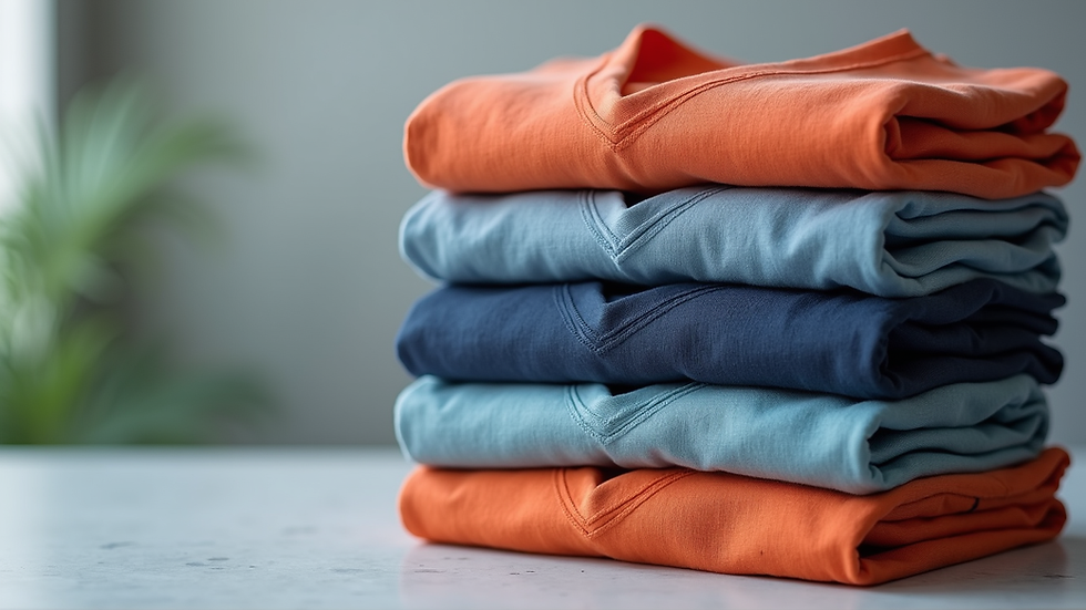Eye-level view of a neatly folded stack of v-neck t-shirts in different colors