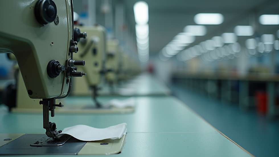 Eye-level view of a textile factory with sewing machines in operation