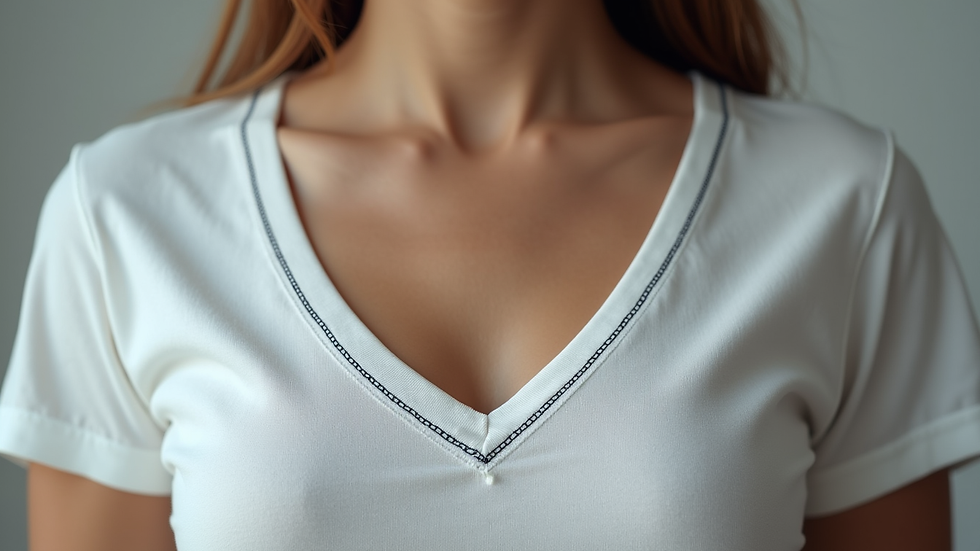 Close-up view of a v-neck t-shirt neckline showing stitching and fabric texture