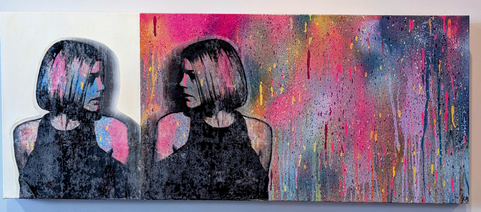 Contemporary art painting spray paint with split image of women reflected in colour