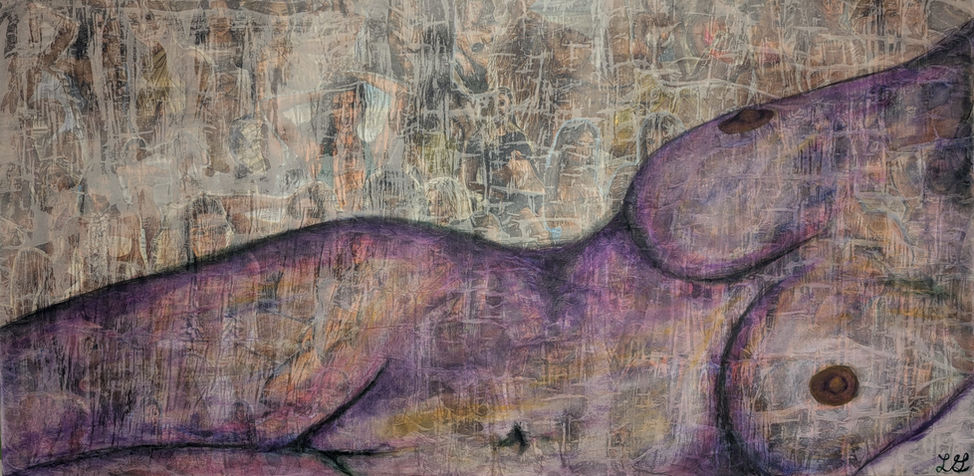 Oil painting of a nude women is translucently over a background of women magazine images