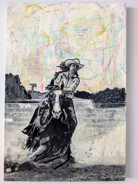 Homeward Bound Canada Art Series on Maps Contemporary Mixed Media Calgary Art Cowgirl on horse in rodeo event