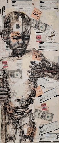 Abstract art with mixed media elements. Political statement with background of money and receipts. A child painted on top