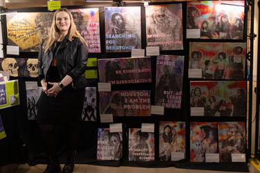 Laurie in front of some of her art at the Public Display Agency event at Contemporary Calgary, December 2025