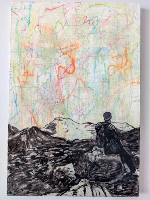 Homeward Bound Canada Art Series on Maps Contemporary Mixed Media Calgary Art Person sits at top of mountain