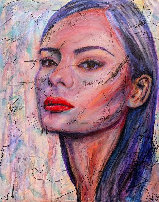 Colorful abstract portrait of a woman with red lips.