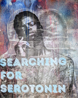 A series of modern art on the topic of mental health, wellbeing, and dissociating in modern society. The images include a bright, flowy spray paint background in a variety of bright tones, almost like Rorschach test ink blots. Behind the spray paint images of impressionist art from a variety of artists occasionally shines through the spray paint. On top, translucent images of digitally drawn young adults are on collaged. The images are blurred and duplicated, and the people feature modern clothing and are from a variety of different backgrounds and identities. The images are finished with bold spray painted lettering with 12 different sayings, such as "in search of serotonin", "entering my dissociative era", "even baddies get saddies", "Houston, I am the problem" and other statements related to mental health and dissociating.