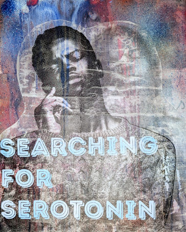 A series of modern art on the topic of mental health, wellbeing, and dissociating in modern society. The images include a bright, flowy spray paint background in a variety of bright tones, almost like Rorschach test ink blots. Behind the spray paint images of impressionist art from a variety of artists occasionally shines through the spray paint. On top, translucent images of digitally drawn young adults are on collaged. The images are blurred and duplicated, and the people feature modern clothing and are from a variety of different backgrounds and identities. The images are finished with bold spray painted lettering with 12 different sayings, such as "in search of serotonin", "entering my dissociative era", "even baddies get saddies", "Houston, I am the problem" and other statements related to mental health and dissociating. 