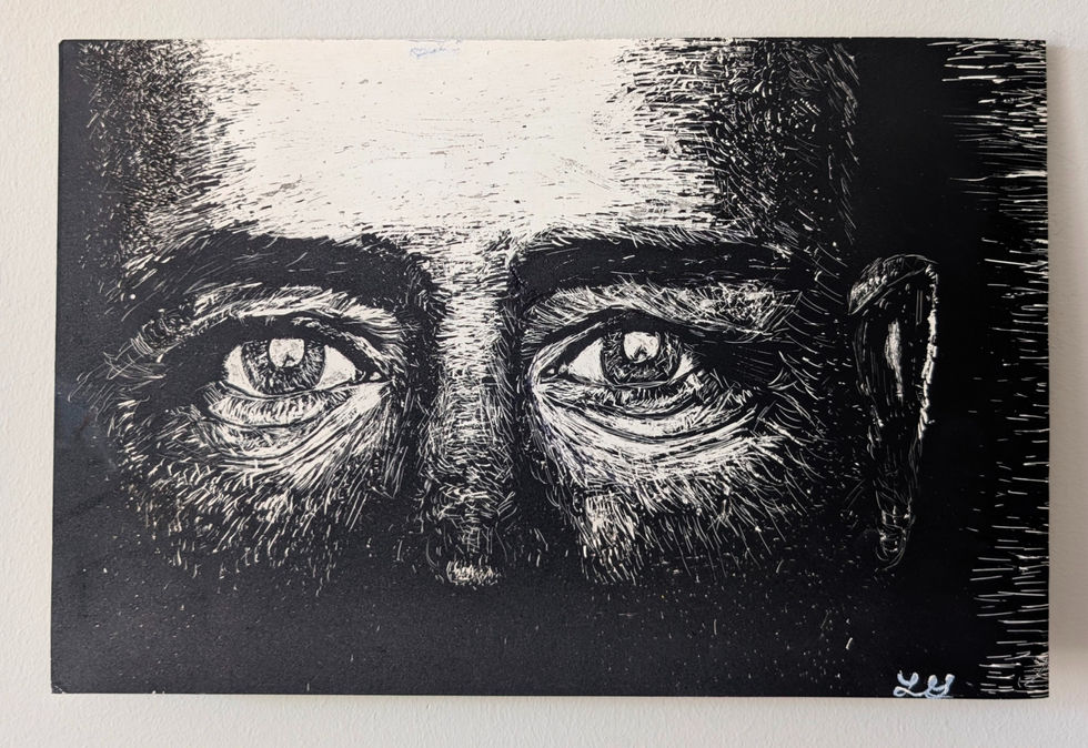 Abstract sketch of a face with prominent eyes.