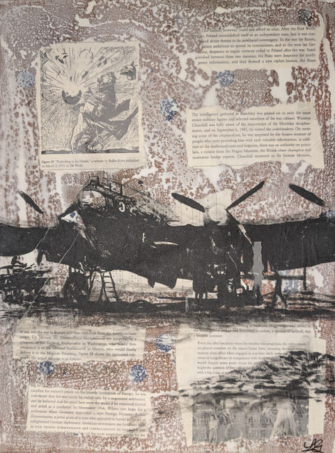 World War 2 inspired art is shows various photos of soldiers in uniform with WW2 aircrafts, motorcycles, and ceremonies. These images are translucently placed on a background of collage with code themed booked pages and rust tones.