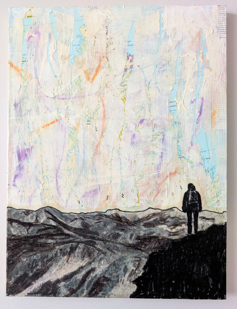 Homeward Bound Canada Art Series on Maps Contemporary Mixed Media Calgary Art Person stopping at mountain peak
