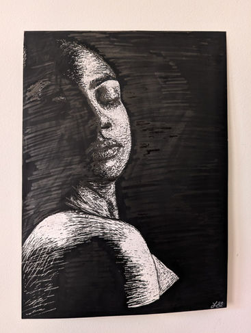 Abstract sketch of a face and shoulders on scratchboard