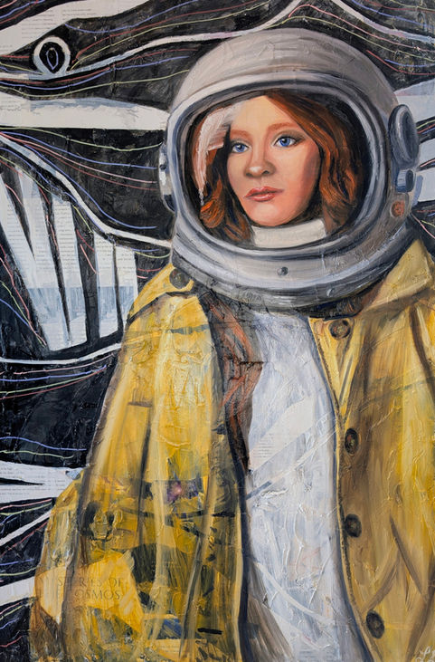 Woman in spacesuit with yellow coat painting.
