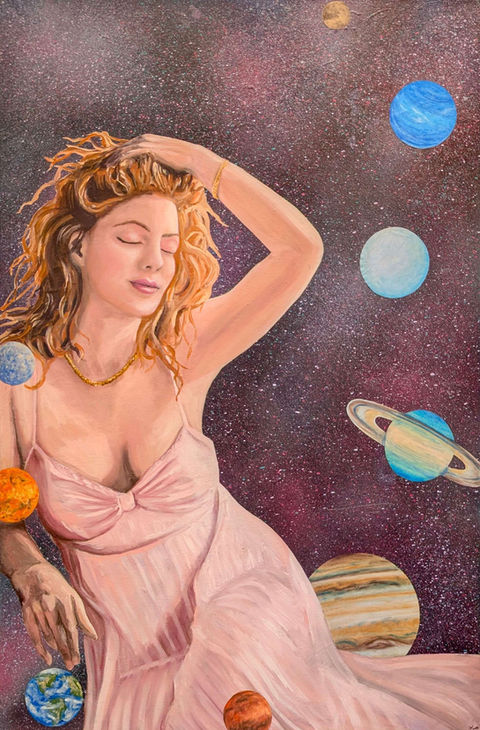 Woman surrounded by planets in space-themed artwork.