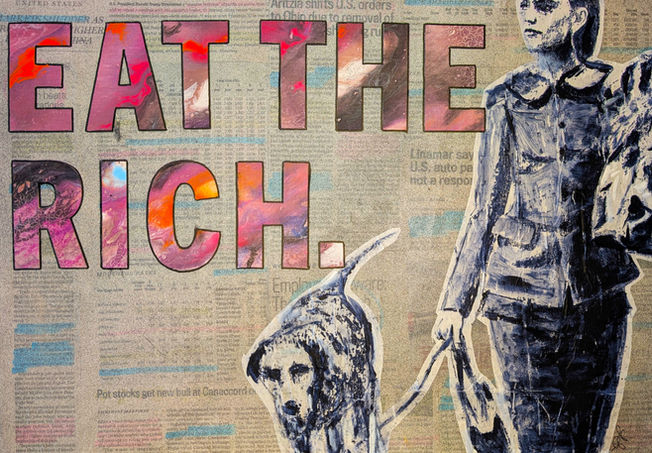 Political art related to wealth and status. Newspaper clippings from financial articles is spray painted and stained, with collaged hand drawn images of business people in suits, with brief cases, and other signs of business are adorned with various statements on hand cut canvas pour art lettering, including statements like "are you a prophet or are you for prophet", "eat the rich", "wake the fuck up", and "it's not bribery if you call it lobbying".