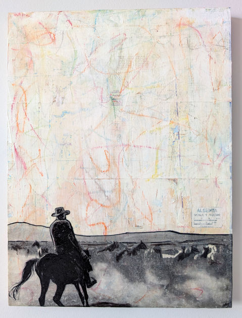 Homeward Bound Canada Art Series on Maps Contemporary Mixed Media Calgary Cowboy on horse around field of horses