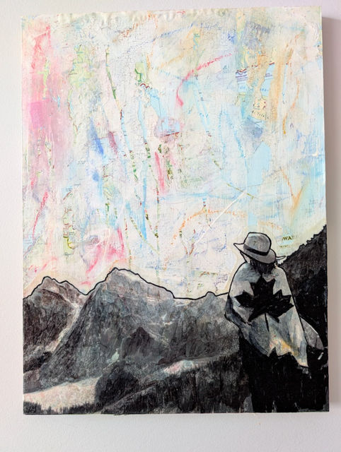 Homeward Bound Canada Art Series on Maps Contemporary Mixed Media Calgary Art Woman on mountain top wrapped in Canadian flag
