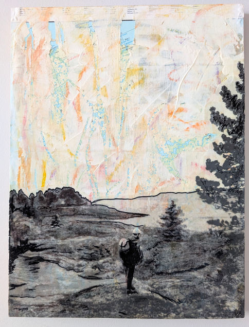Homeward Bound Canada Art Series on Maps Contemporary Mixed Media Calgary man walks across waterways