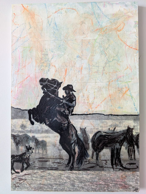 Homeward Bound Canada Art Series on Maps Contemporary Mixed Media Calgary Cowboy on horse in air around dog and horses
