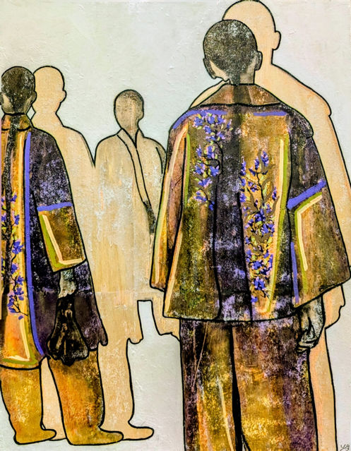 Modern art. Digital drawings of women in strong stances with large, ornate coats, dresses and fashion. The clothing includes a variety of jewel tones and vivid colouring, with hand drawn flowers, foliage and plants. The images are repeated, with cut outs showing the wood of the canvas underneath as the shadows of the women. The women and shadows are outlined in black pen and a bright white background is used to create contrast.