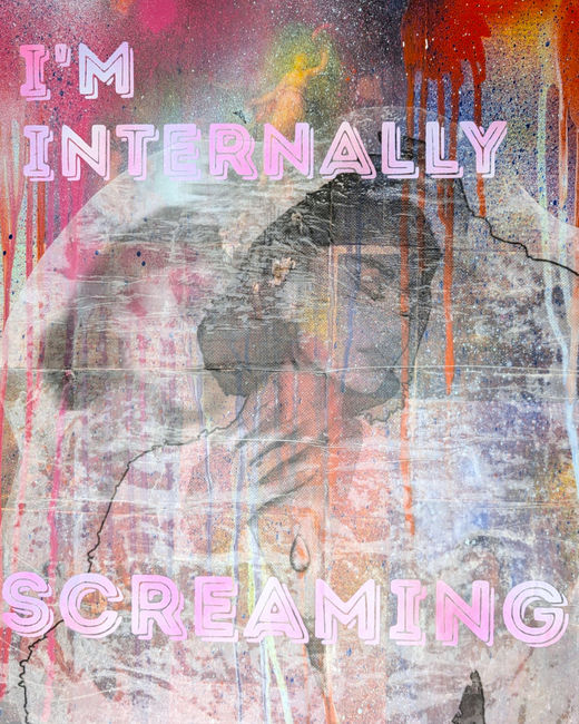 A series of modern art on the topic of mental health, wellbeing, and dissociating in modern society. The images include a bright, flowy spray paint background in a variety of bright tones, almost like Rorschach test ink blots. Behind the spray paint images of impressionist art from a variety of artists occasionally shines through the spray paint. On top, translucent images of digitally drawn young adults are on collaged. The images are blurred and duplicated, and the people feature modern clothing and are from a variety of different backgrounds and identities. The images are finished with bold spray painted lettering with 12 different sayings, such as "in search of serotonin", "entering my dissociative era", "even baddies get saddies", "Houston, I am the problem" and other statements related to mental health and dissociating.