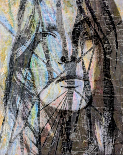 Modern art. Digital drawings of women face close up translucently on a abstract colourful background, with abstract black lines and patterns.