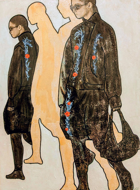 Modern art. Digital drawings of women in strong stances with large, ornate coats, dresses and fashion. The clothing includes a variety of jewel tones and vivid colouring, with hand drawn flowers, foliage and plants. The images are repeated, with cut outs showing the wood of the canvas underneath as the shadows of the women. The women and shadows are outlined in black pen and a bright white background is used to create contrast.