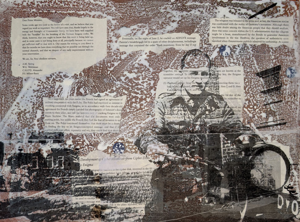 World War 2 inspired art is shows various photos of soldiers in uniform with WW2 aircrafts, motorcycles, and ceremonies. These images are translucently placed on a background of collage with code themed booked pages and rust tones.