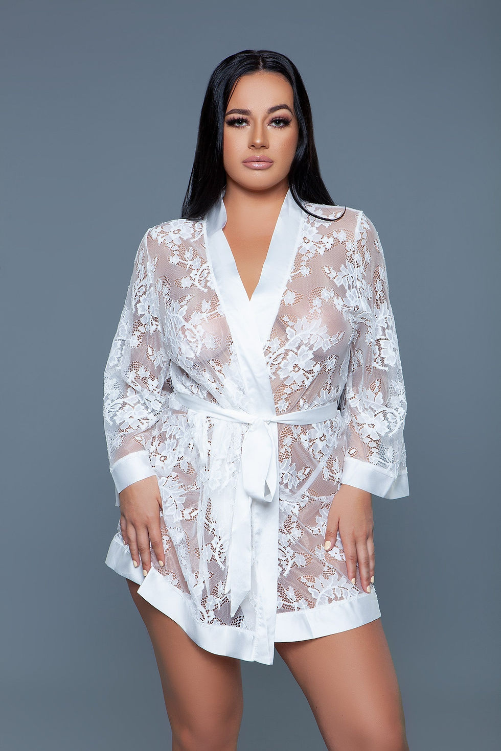 Thumbnail: Delia Robe Floral Lace Robe with Satin Trimming