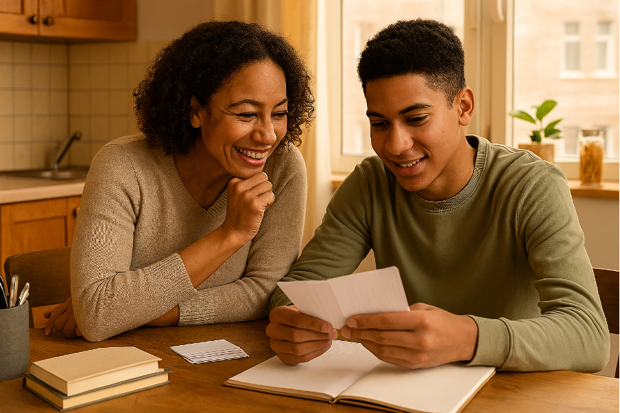 Parent engaging their child during exam prep